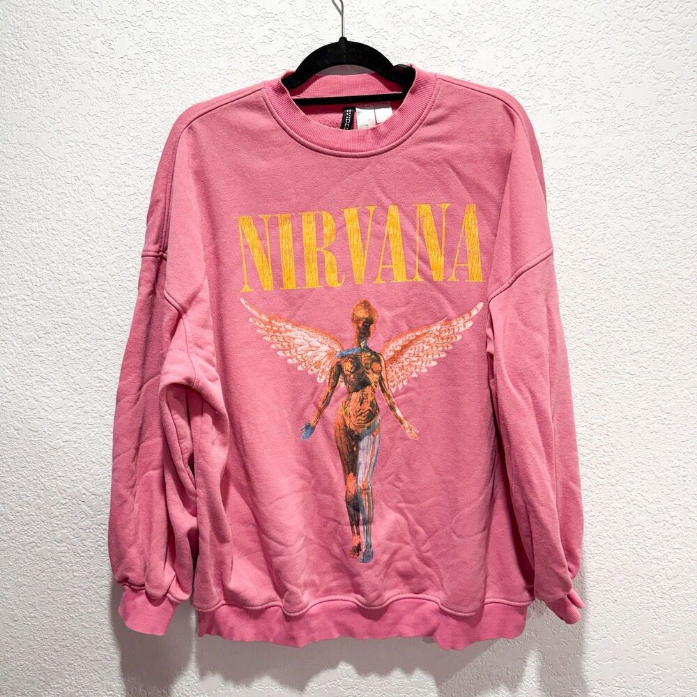H&M Nirvana In Utero Crewneck Sweatshirt Women Medium Oversized Pink Music - Picture 2 of 9